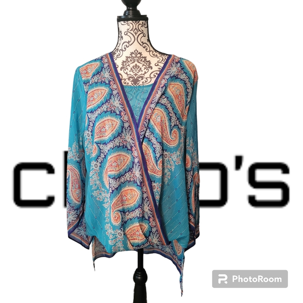 Chicos 2 Semi Sheer Paisley Hi-Low Surplice Blouse NWT